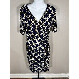 R. Lauren Navy Blue Gold Chains Accent  V Neck Stretch Sheath Full Sleeves 4